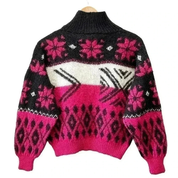 Handmade Knit Wool Sweater Fair Isle Cropped Cowl Neck Black White Pink Small - Picture 14 of 15